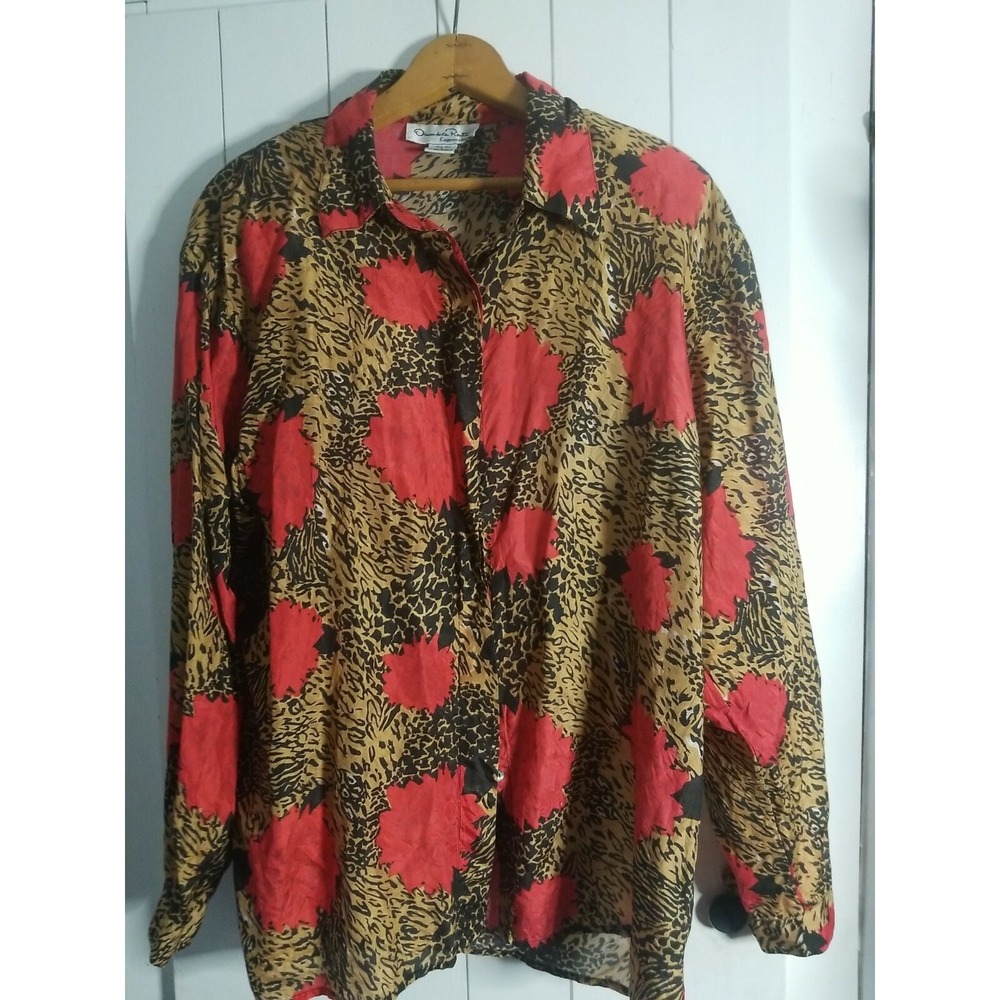 Oscar de la Renta Expressions Vintage 80's Pure Silk Floral Blouse Large L VGT